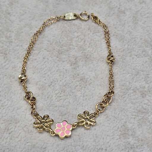 دستبند طلا زنجیری گل صورتی